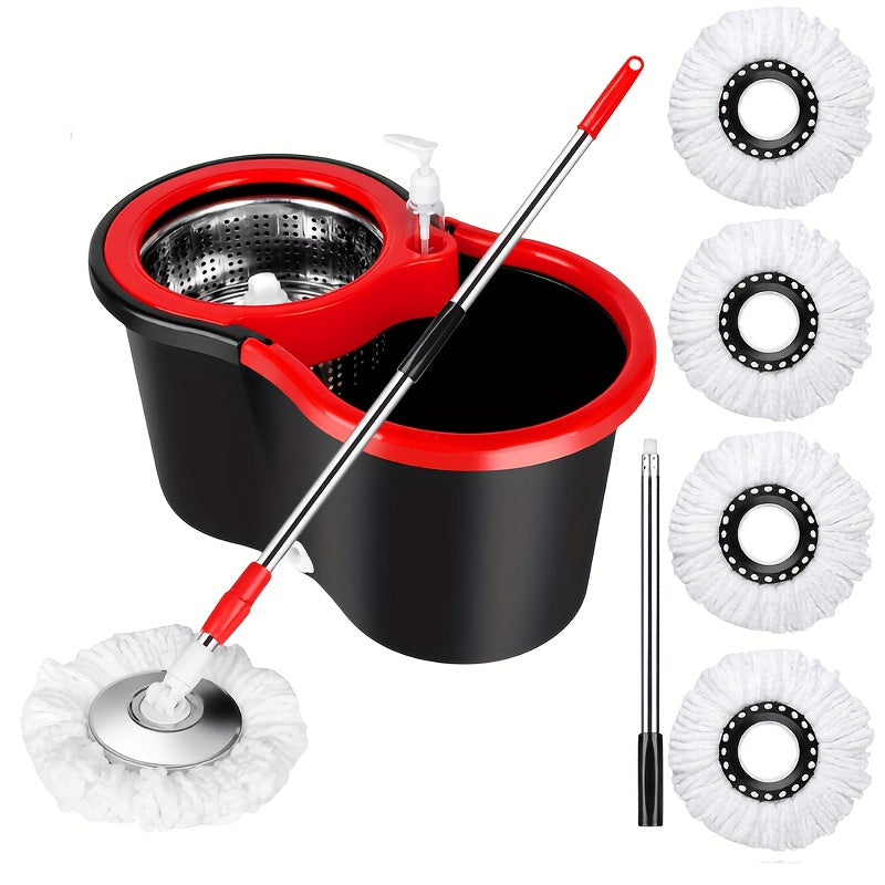 Heavy-Duty Spin Mop and Bucket with Wringer Set - Commercial/Residential Floor Cleaning System with 360° Spinning Bucket, 4 Microfiber Mop Heads & Adjustable Stainless Steel Handle, Space-Saving Mop System
