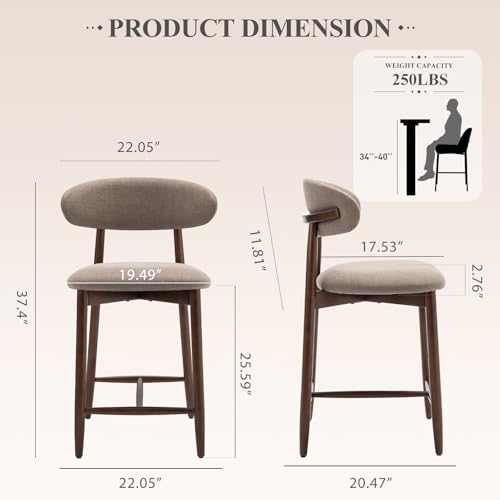 COLAMY Upholstered Counter Bar Stools, Kitchen Island Stools with Back, Modern Counter Height Stools with Wood Legs for Kitchen Island Dining Room Bar, Camel