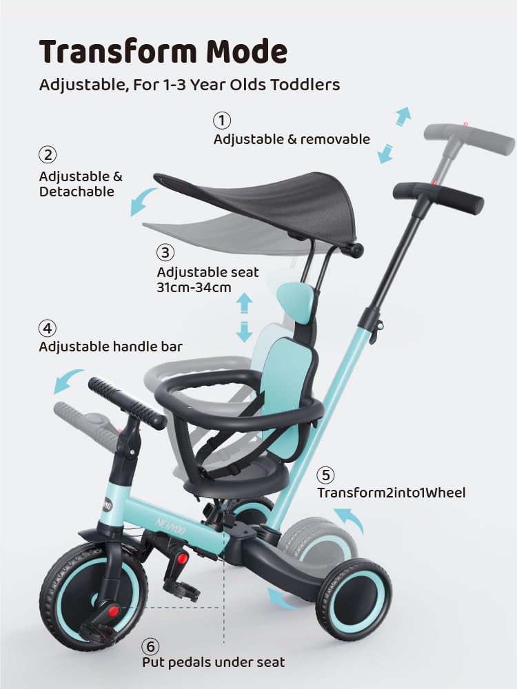 newyoo Tricycle for Toddlers 1-3, Toddler Bike, Birthday Gift and Toys for Girl and Boy, Push Trike with Handle and Canopy, 6 in 1 Baby Trike, Balance Bike, TR009, Blue