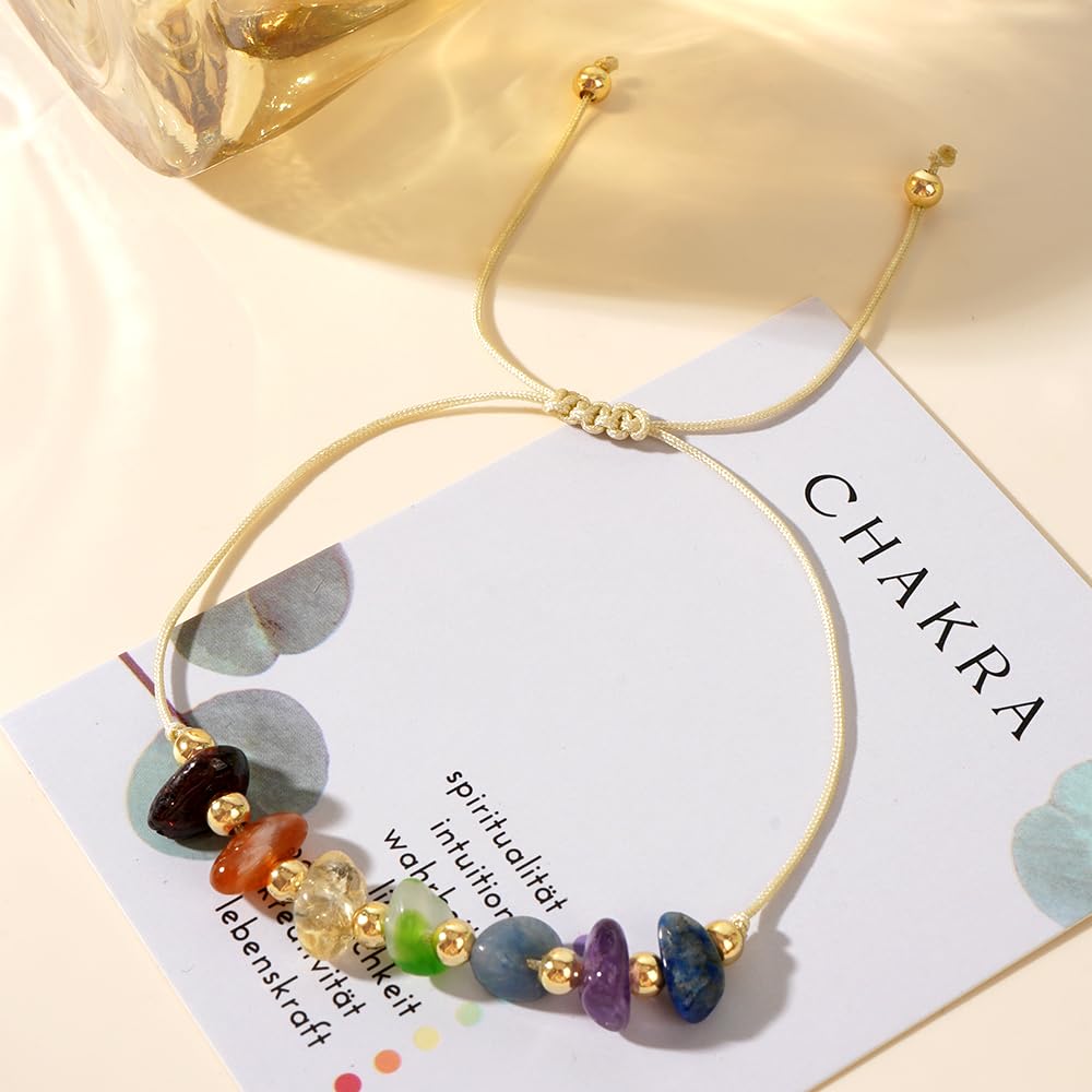 SHINUS BOHO Handmade Healing Colorful 7 Chakra Crystal Bracelets for Women,Gold Rainbow Quartz Beaded Gemstone Adjustable for Friendship Holiday Birthday Jewelry Gift.