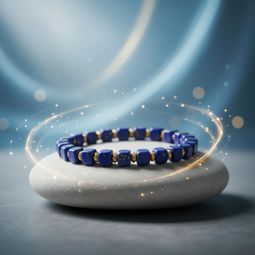 Lapis Lazuli Healing Bracelet – Real Crystal Beads for Stress Relief, Meditation & Chakra Balance – Natural Gemstone Jewelry Gift for Women & Men, Adjustable with Gift Box (6mm Cube Gold Accent)