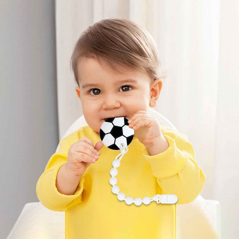 Baby Food Grade Silicone Sport Ball Teether Toy with Pacifier Clip Holder,Teething Toys Gift Set for 3 Months+ Boys and Girls,Freezer Safe,BPA Free. (Soccer)