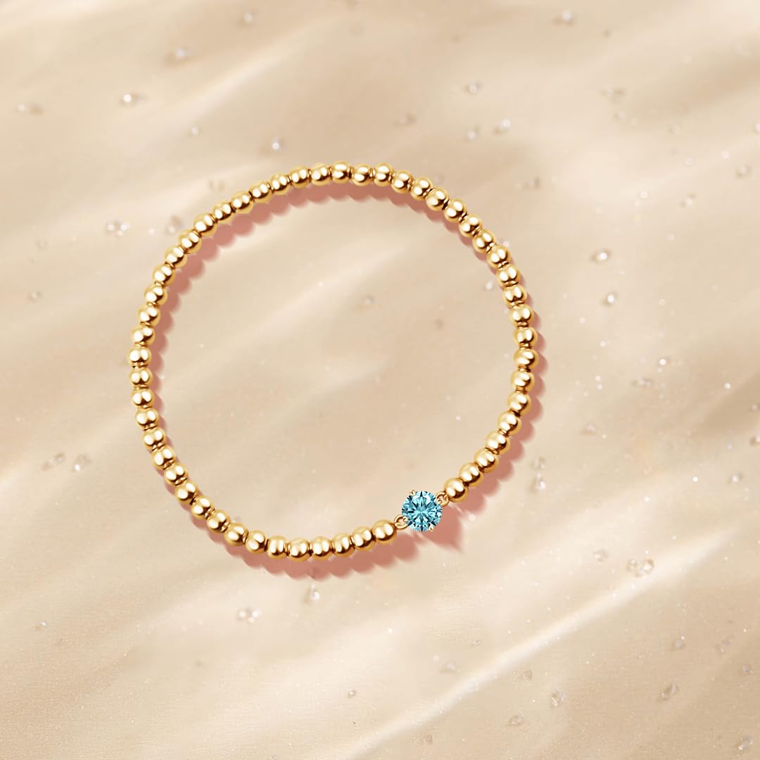 Free bird Aquamarine Bracelet Gold Beaded Bracelets for Women Stackable Gold Bracelets for Women 14K Gold Plated Stretch Bead Ball Bracelet with Aquamarine Gemstone Birthstone Jewelry for Birthday
