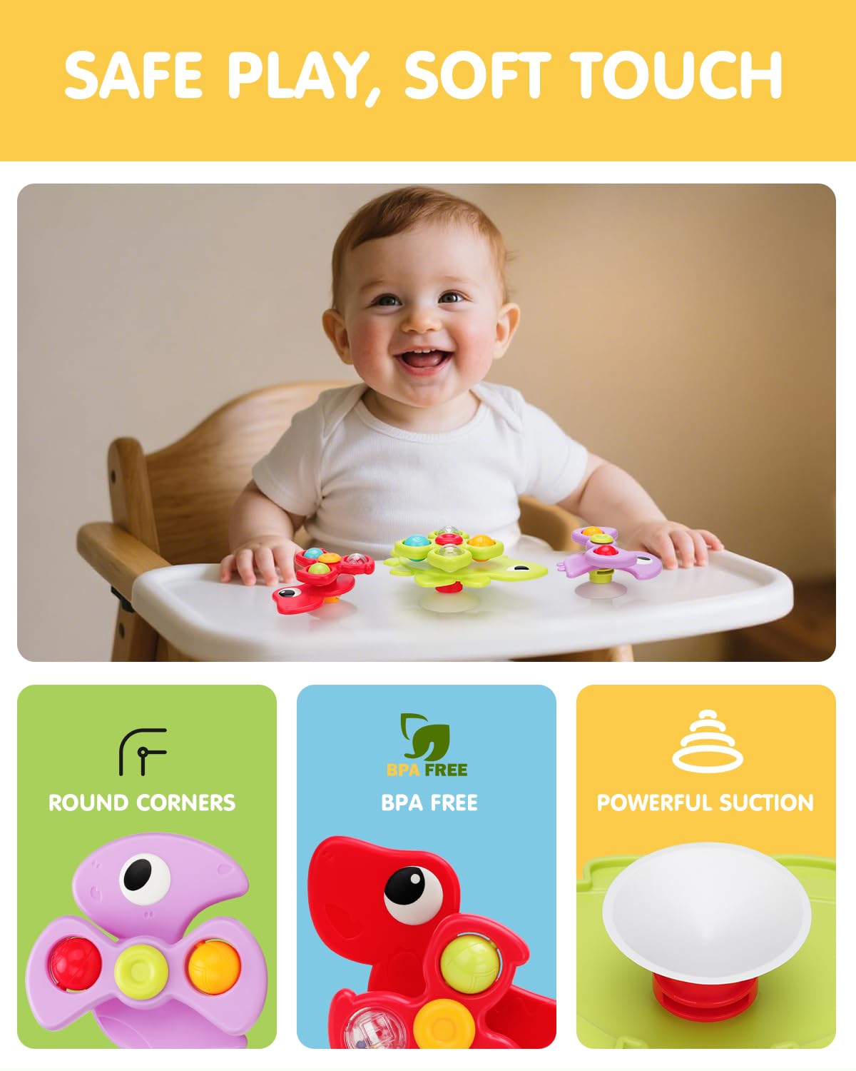 Givzan 3PCS Dinosaur Suction Cup Toys for 1 Year Old Boys Girls | Sensory Baby Bath Toys for Toddlers 1-3 | Infant Travel & Window Toys | Birthday