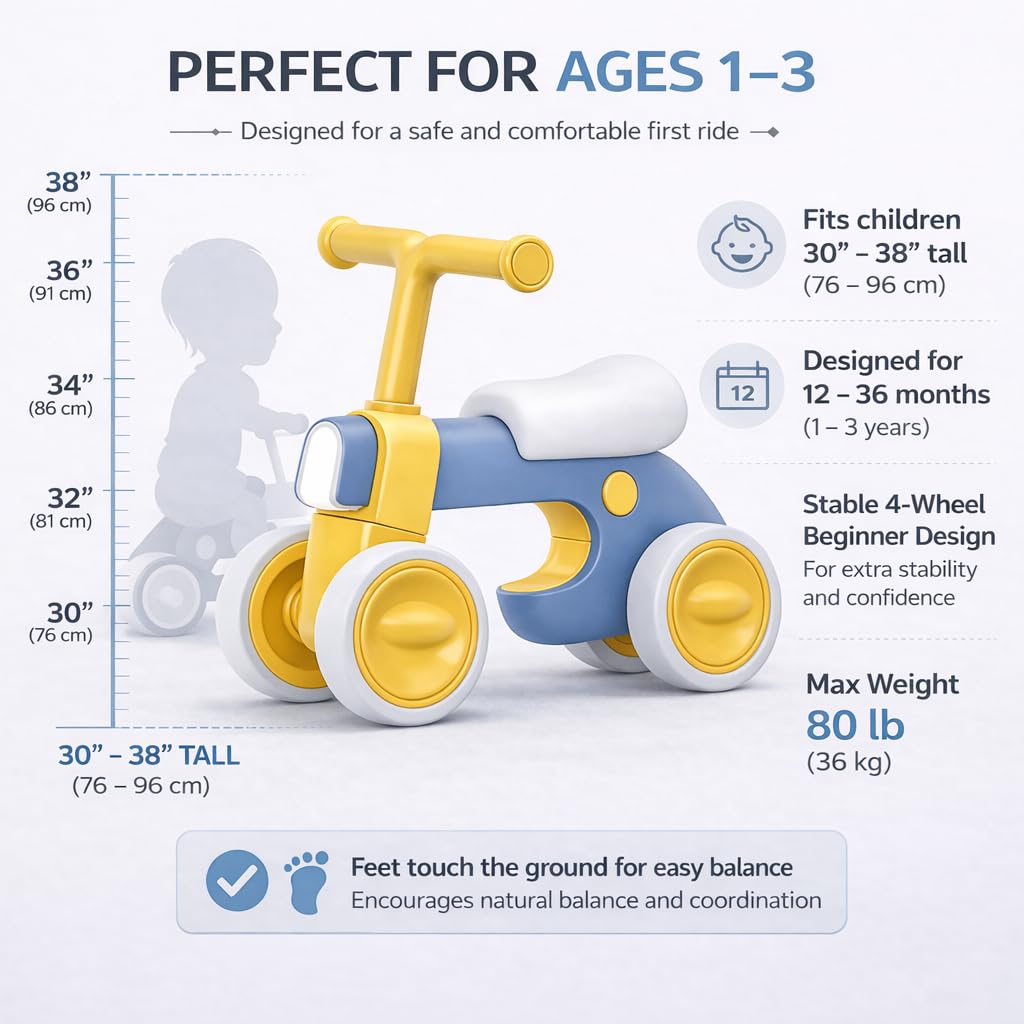 Henry & Collin Henry & Colin First Balance Bike for 1 Year Old – Safe 4-Wheel Toddler Bike with Lights, Perfect 1st Birthday Gift for Boys & Girls (12–36 Months)