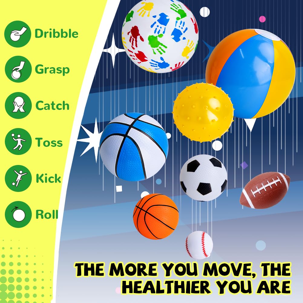teytoy Set of 8 Sports Balls for Toddlers 1-3,Toddler Outdoor Toys,Soft Indoor Outdoor Ball Toys Boys Girls Kids Baby Ball-Basketball Baseball Football Rugby Bounce Ball Beach Ball with Free Bump/Bag