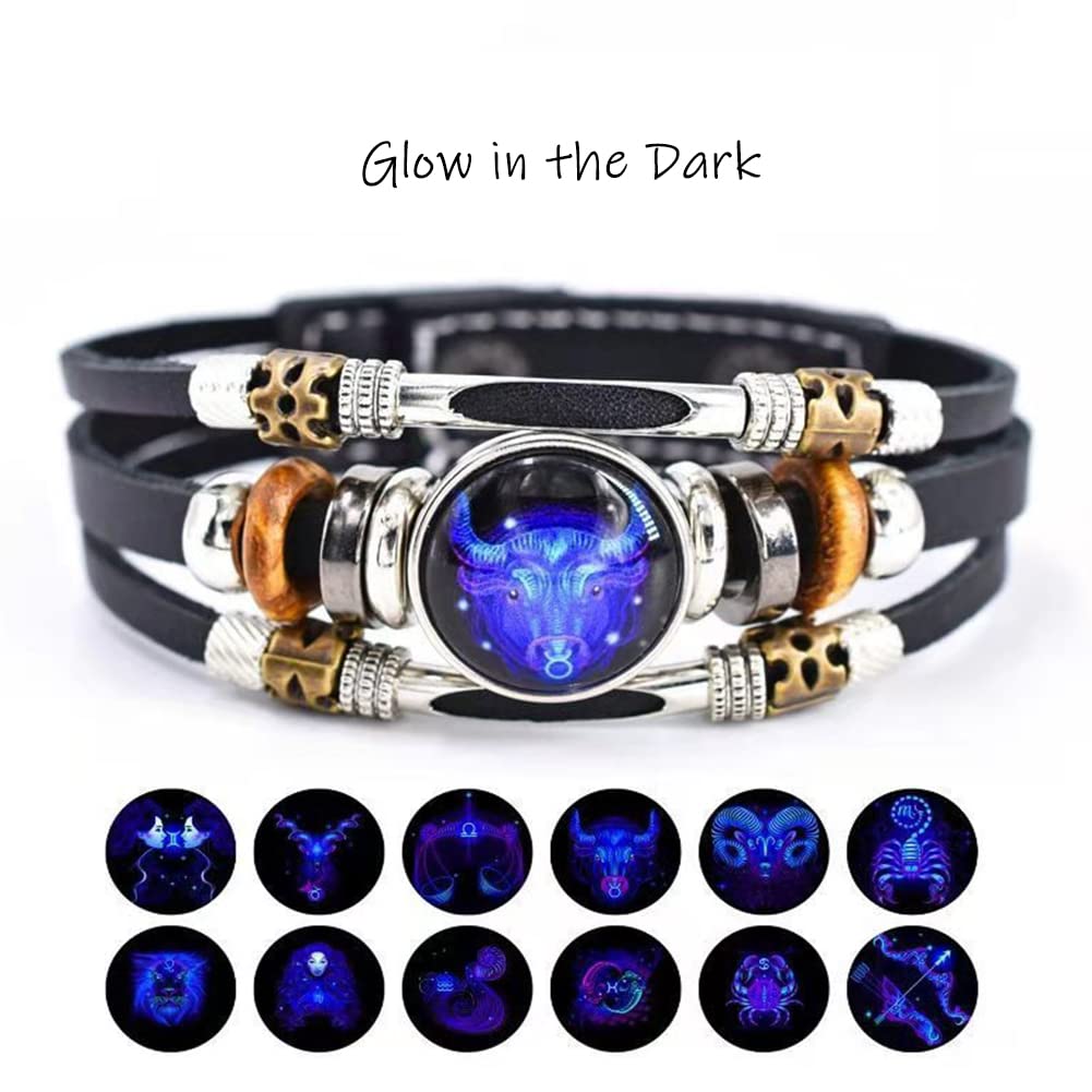 Zodiac Constellation Leo Bracelet Handmade Woven Multilayer Zodiac Sign Leather Wrap Bracelet Wristband for Women Men Jewelry Gift 2Pcs Set