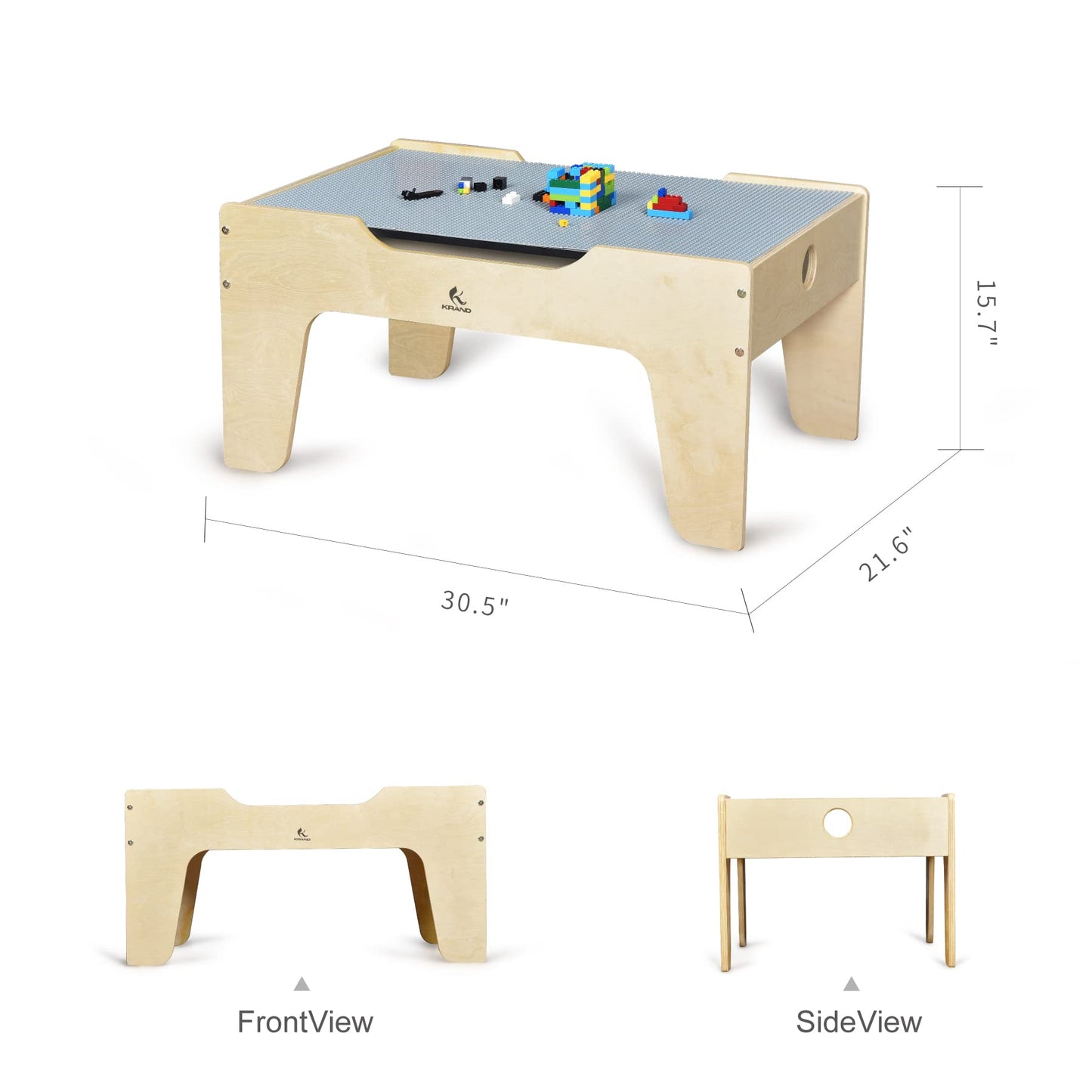 KRAND Kid's All-in-One Activity Play Table with 290 Building Bricks and 30-Piece Wooden Train Set Railway,Cars,Track and Accessories for Toddlers Boys and Girls Children's Toy Playset Game Desk
