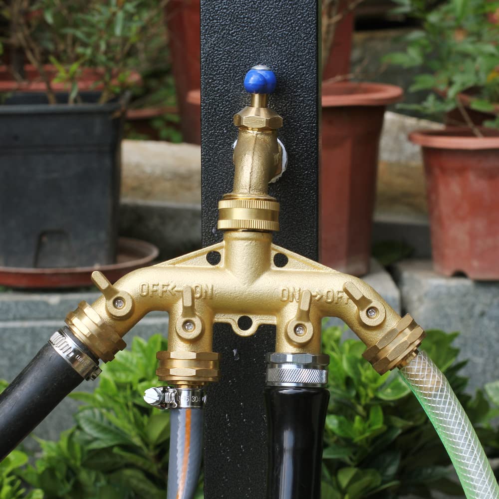 YELUN Garden Hose Splitter Heavy Duty Brass Connector, Garden Faucet Splitter for Outdoor Faucet Hose Bib Splitter, Adapter with Comfortable Grip Shut Off Valves (4 Way splitter)