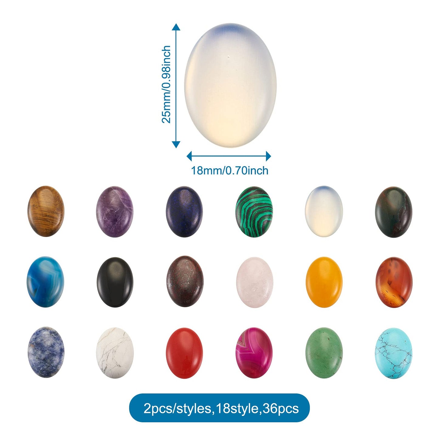 Beadthoven 36pcs 25mm Oval Cabochons Mix Natural Stone Cabochons Flatback Healing Chakra Crystal Stone Cabs Dome Cameo Cabochons for DIY Jewelry Making Rings Earrings Necklace Mosaic Tiles Crafts