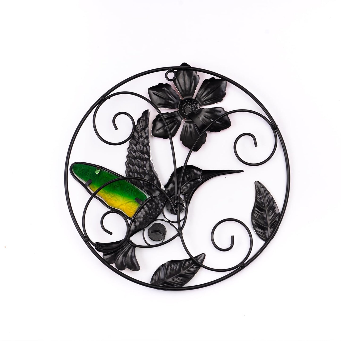 Jusimux Round Flower Wall Art Decor, 2 Pack, Metal and Glass, 9.5 Inch, Outdoor Hanging Decor for Patio, Bedroom, Garden (Hummingbird)