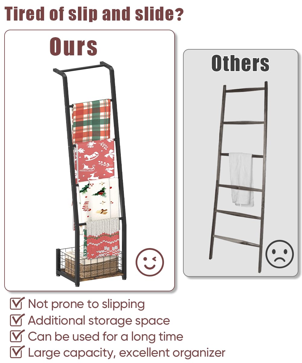 Ansionsol 6.3ft Blanket Ladder with Storage Basket, 5 Tier Decorative Ladder Shelf Stand for Living Room & Bedroom, Wall-Leaning Blanket Holder Quilt Rack for Home Décor, Rustic Brown & Black