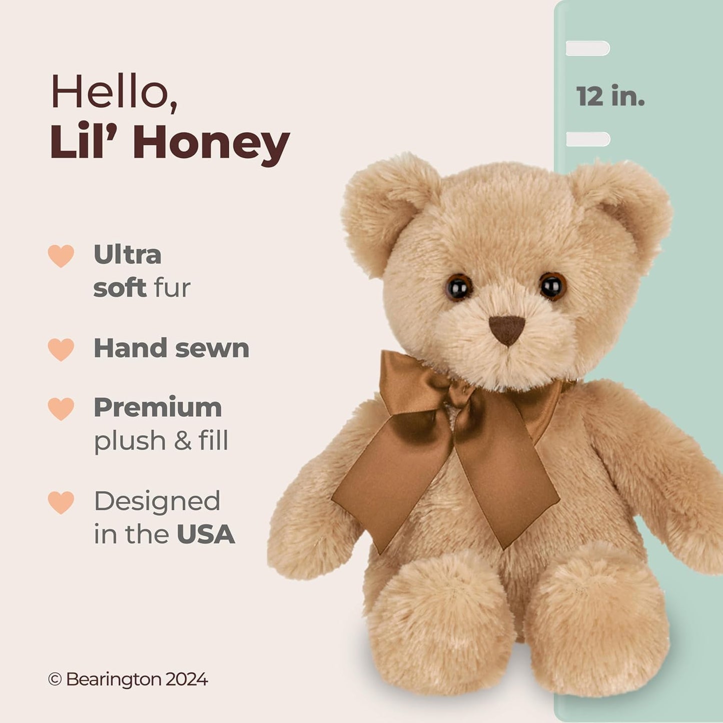 Bearington Lil' Honey Teddy Bear Stuffed Animal - 12" Brown Plush Bear Toy with Soft Fur and Classic Design - Washable Teddy Bears for Girls - Adorable Gift for Kids, Babies, and Animal Lovers