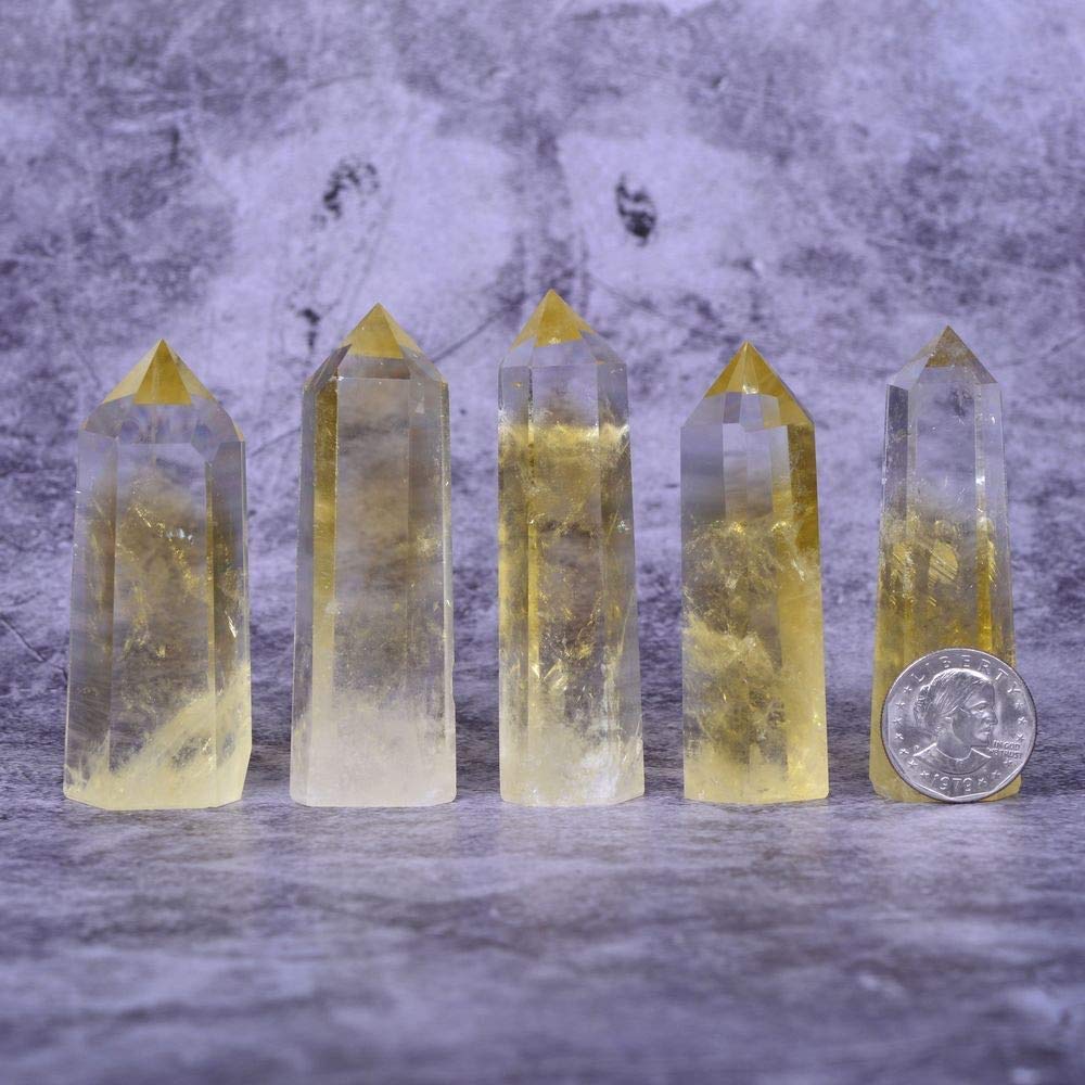Angelstones Natural Citrine Gemstone Healing Crystal Hexagonal Pointed Reiki Chakra Faceted Prism Wand Carved Stone Figurine Home Decor