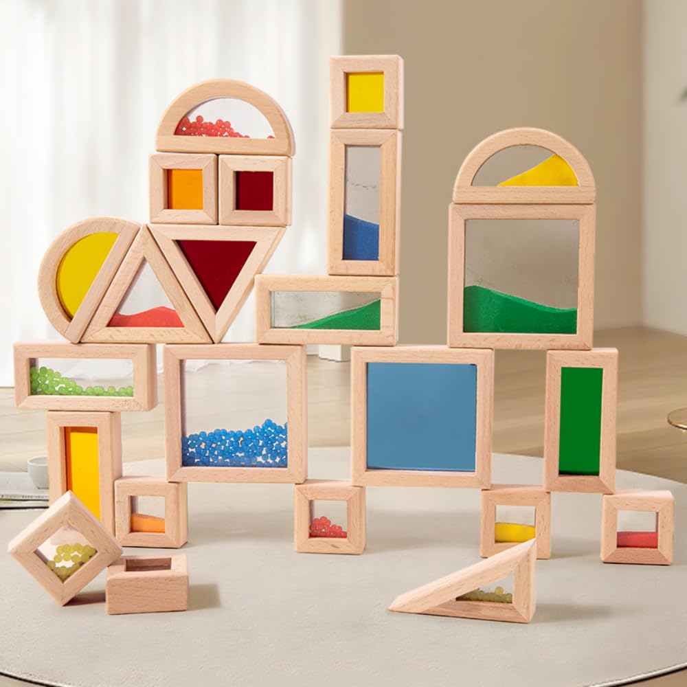 Lexza Rainbow Sensory Toys Blocks,15 Pcs Large Wooden Building Blocks for Toddlers Baby Kids,Colorful Geometric Stacking Toys, Preschool Educational Toy Set