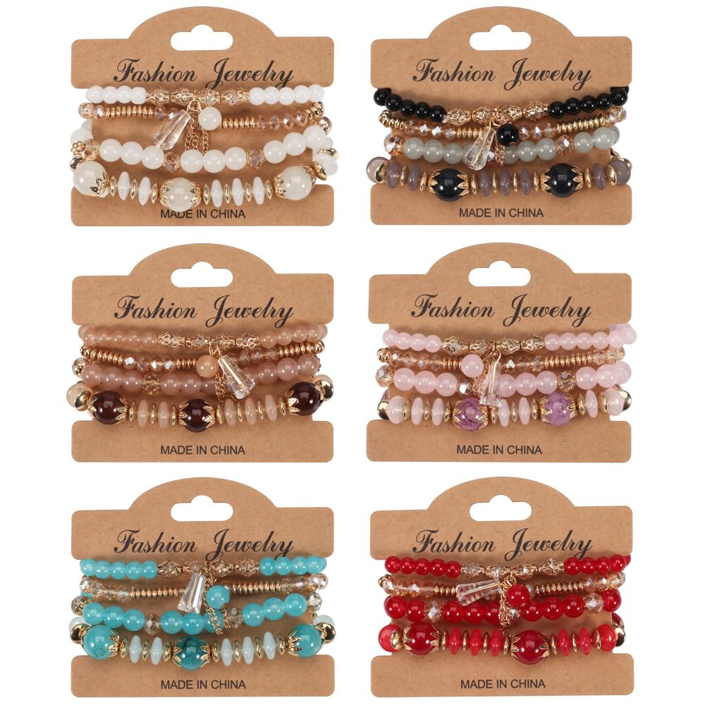 LOTSOF Bohemian Green Jade Stackable Bracelet Set - 4-Layer Stretch Beaded Bracelets with Gold Accents, Boho Jewelry for Women, Fashion Statement Accessory (Gift Ready) (Black)