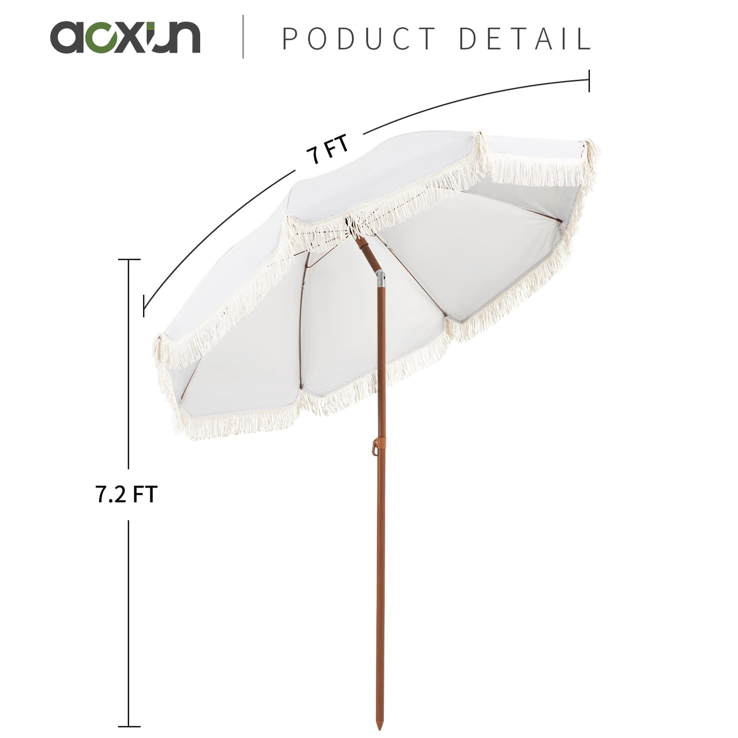 Aoxun 7ft Patio Umbrella with Fringe,Outdoor Beach Umbrella with Aluminum Pole, Ribs Push Button Tilt and Carry Bag, UV 50+ Picnic Tassel Umbrella (White)