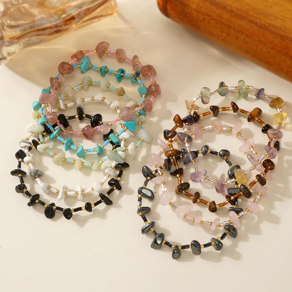 SHINUS BOHO Healing Natural Crystal Beaded Stretch Bracelet for Women,Handmade Boho Irregular Rose Quartz Energy Stones Harmony Love Bracelet Summer Beach Fashion Jewelry Gift Friendship