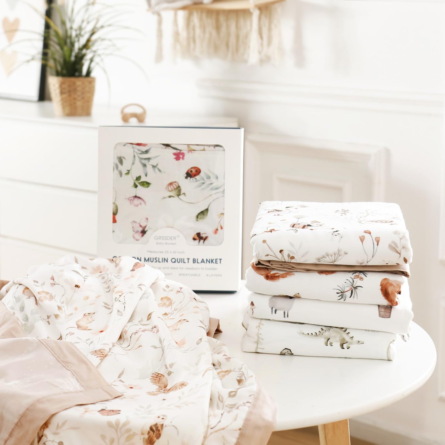 GRSSDER Muslin Cotton Quilt Blanket - Silky Soft and Breathable Baby Blanket Quilt, Oversized Muslin Blankets for Newborns, Toddlers & Kids, 6 Layers Reversible Design for All Seasons, 47" x 47"