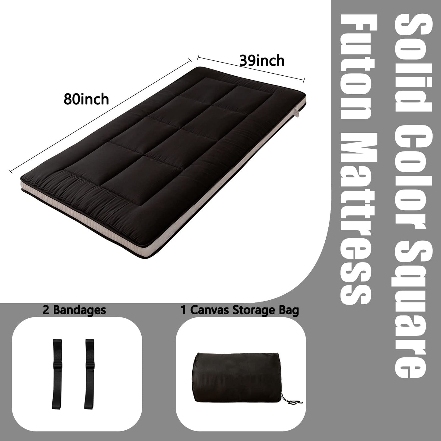 MAXYOYO Futon Mattress, Padded Japanese Floor Mattress Quilted Mattress Topper, Extra Thick Folding Sleeping Pad Breathable Floor Lounger Guest Couch for Camping, Black, Twin