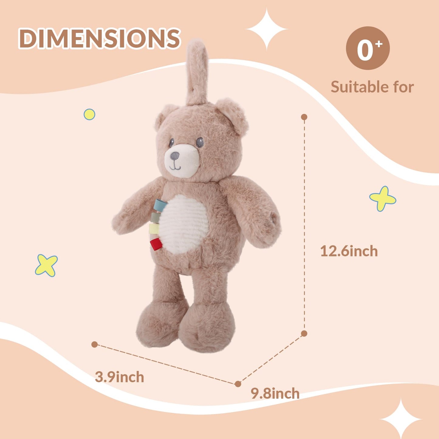 Linzy 10" Light-Up Baby Stroller Toy – Musical Bear Baby Soother, Soft Teddy Bear Plush Stuffed Animal with LED Night Light & Lullaby Music, Birthday Christmas for Newborns Toddlers Kids