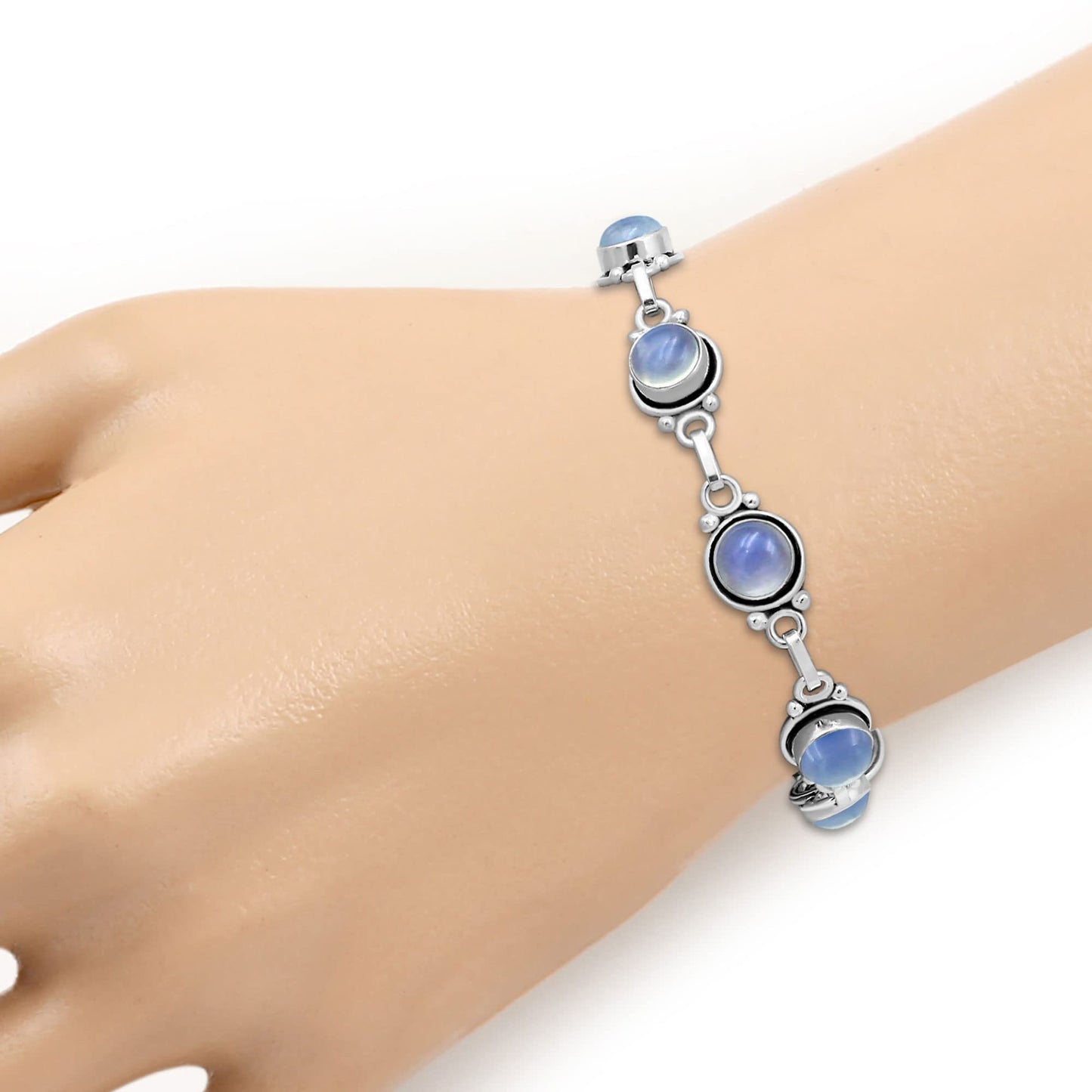 Synthetic Opalite 925 Silver Plated Round Gemstones Adjustable Bracelet for Women - Vintage Bohemian Style Handmade Link Bracelet - Wedding Gifts for Mom Wife Her