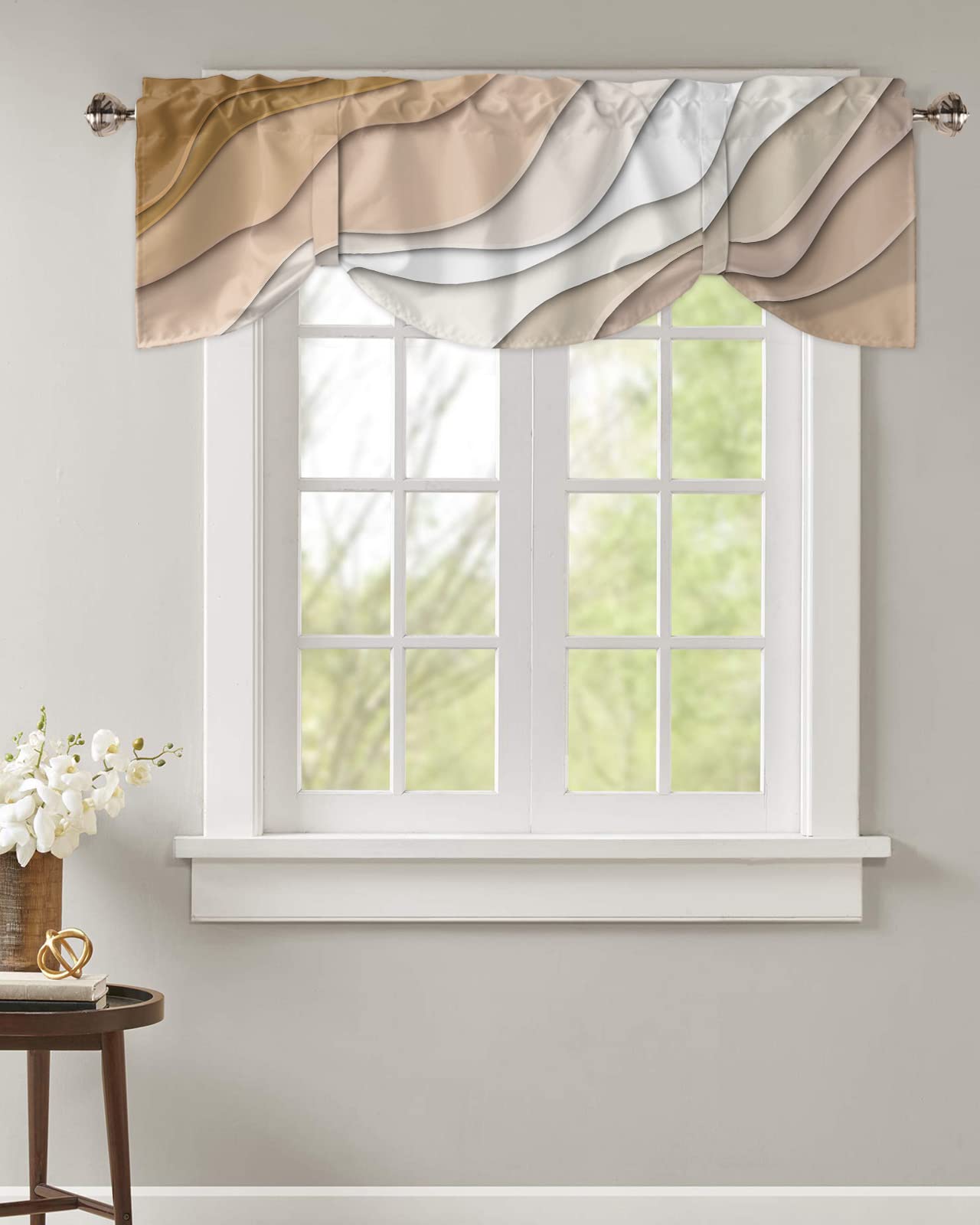 Brown Ombre Tie Up Valance Curtain for Kithchen Windows Brown and White Gradient Modern Abstract Geometric Adjustable Ties Valance Tier Curtain Rod Pocket Valances for Bedroom/Living Room, 54x18in