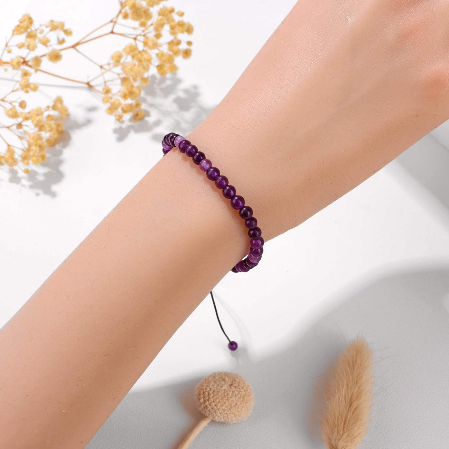 Pendlixy Adjustable 4mm Amethyst Natural Small Gemstone Beaded Bracelet Gravel Beads Crystal Healing Bracelet for Women Reiki Spiritual Jewelry Gifts