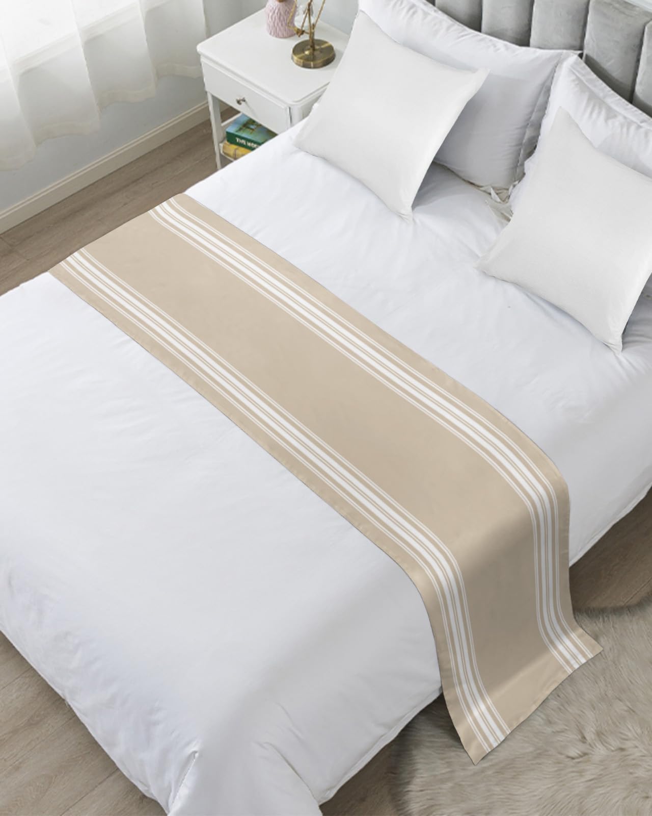 Bed Runner for Queen Size Bed, Beige Striped Bed Scarf Throws for Foot of Bed, Farmhouse Luxurious White Stripes Modern Abstract Art Luxury Bedding Protector Bed Runners for Hotel/Home, 83 x 20 Inch
