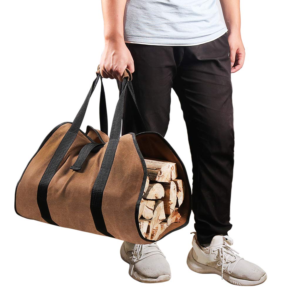 Tenn Well Firewood Carrier, 38in x 18in 16oz Waxed Canvas Log Carrier for Firewood, Wood Carrying Bag with Handles Securing Straps for Indoors Camping Trip, Gifts for Men Dad Husband (Brown)