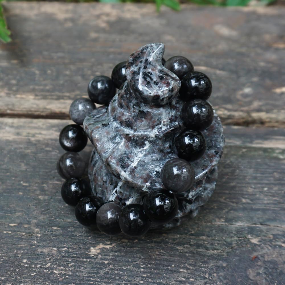 TaHLga 12mm Silver Obsidian Crystal Bracelet for Men Women | Natural Root & Third Eye Chakra Stone | Protection & Intuition | Fits for Large Wrist 8-8.5" | Come with Box & Pouch