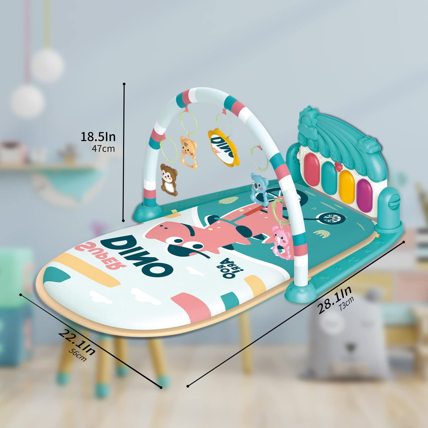 dearlomum Baby Play Mat & Piano Tummy Time Gym, Infant Sensory Activity Playmat with 5 Toys, Music & Lights, Developmental Gift for Boys & Girls 0-12 Months (Blue)