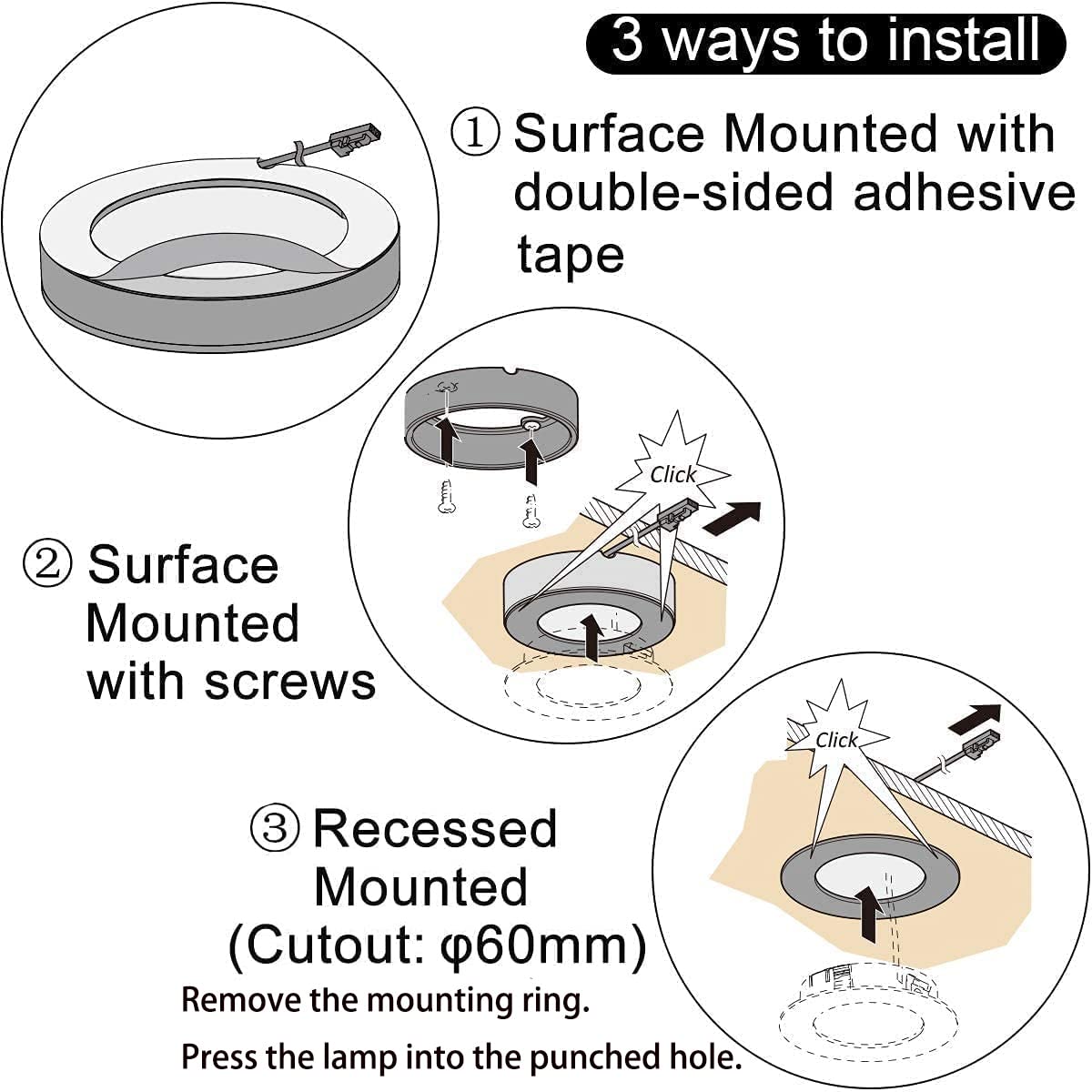 VST Under Cabinet Lights Plug in with Wired Touch Dimmer Switch,Recessed or Surface Mount,Natural White 3000K 12V 2W(12W Total, 60W Equivalent),6 Pack White Puck Lights Fixtures