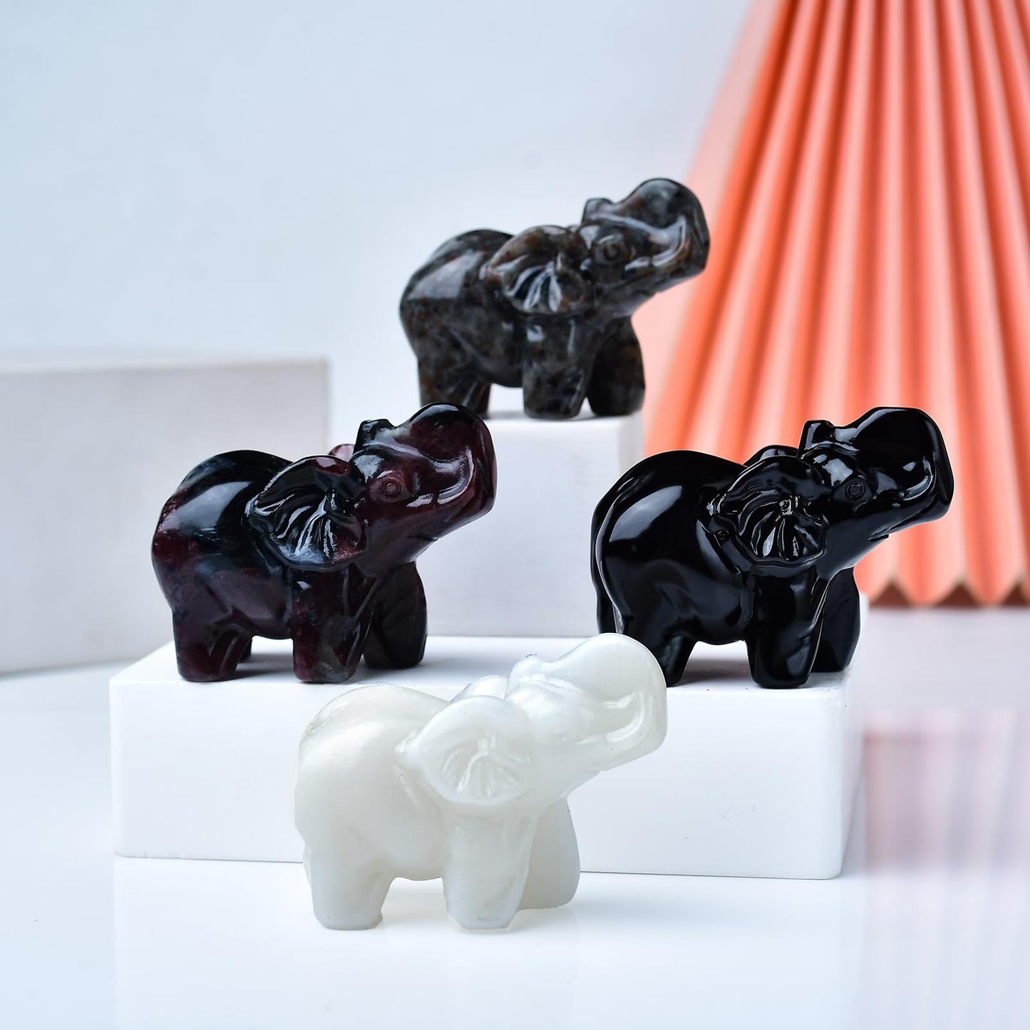 WUYOUSHI White Jade Crystal Elephant Statue 2" Healing Crystal Handmade Figurine Lucky Guardian Pocket Statues Reiki Meditation Office Home Decoration Gift