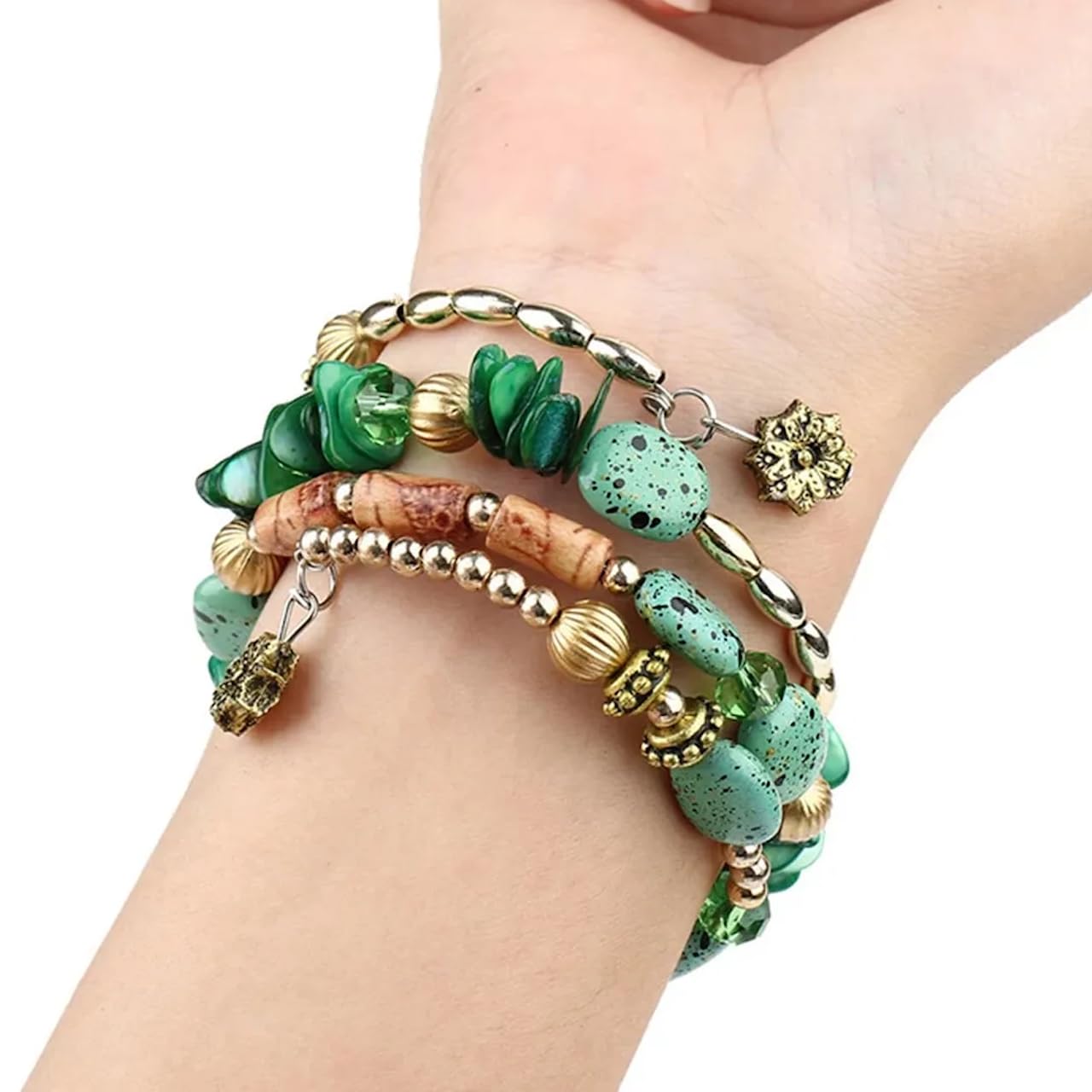 Jewellify Women Retro Crushed Natural Stone Bracelet Multi-Layer Winding Shell Beaded Bracelets (Green)