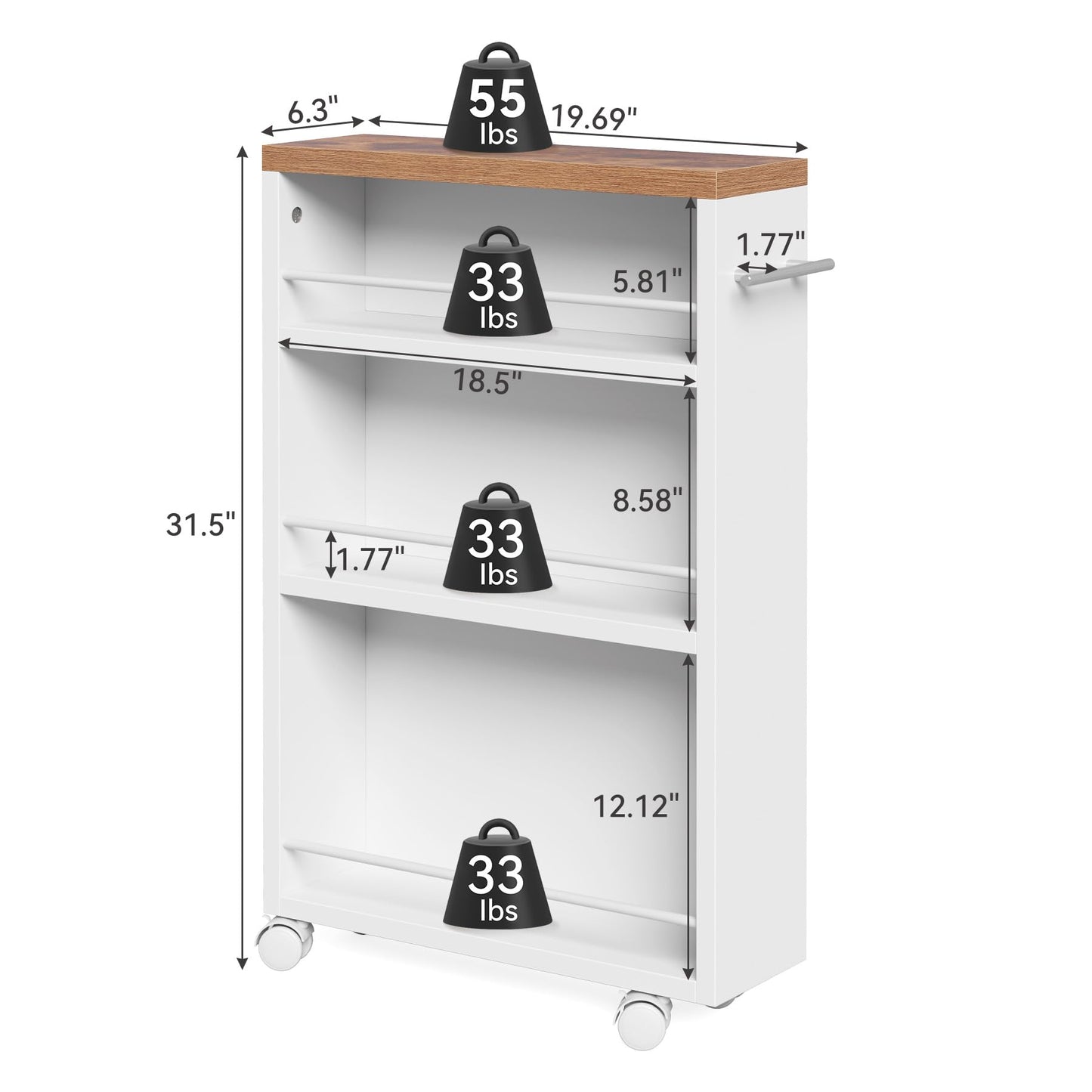LITTLE TREE 4 Tier Rolling Cart with Wheels, 6.3 Inch Slim Storage Cart, Wooden Snack Cart with Narrow Shelf, White Laundry Room and Bathroom Organizer Shelves