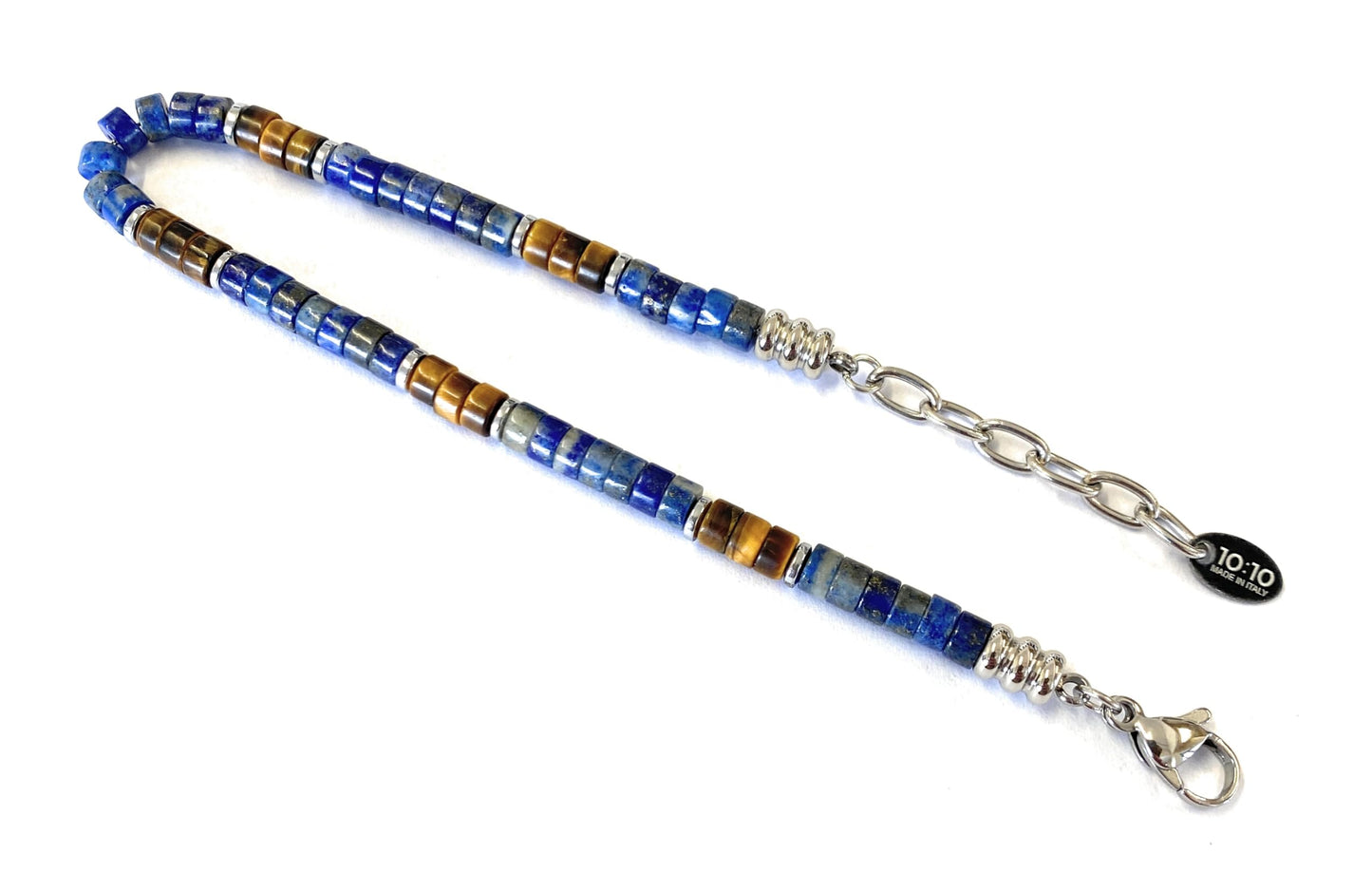 10:10 Beaded Bracelet for Men and Women โ Natural Gemstone Bracelet and Stainless Steel โ Adjustable, Durable and Elegant โ Made in Italy (Lapis Lazuli - Tiger's Eye)