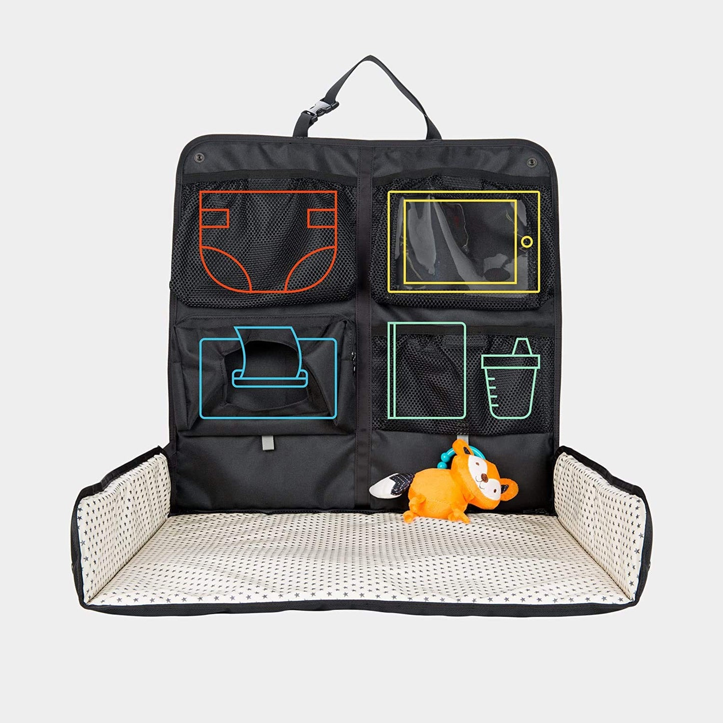 Beanko Baby Portable Diaper Changing Station for Your Car | Waterproof, Detachable, Toy Loops, 4 Pockets, Wet Wipes Holder, Tummy Time Mat, Kick Mat, Tablet Holder | LUMI - Black with Ministars
