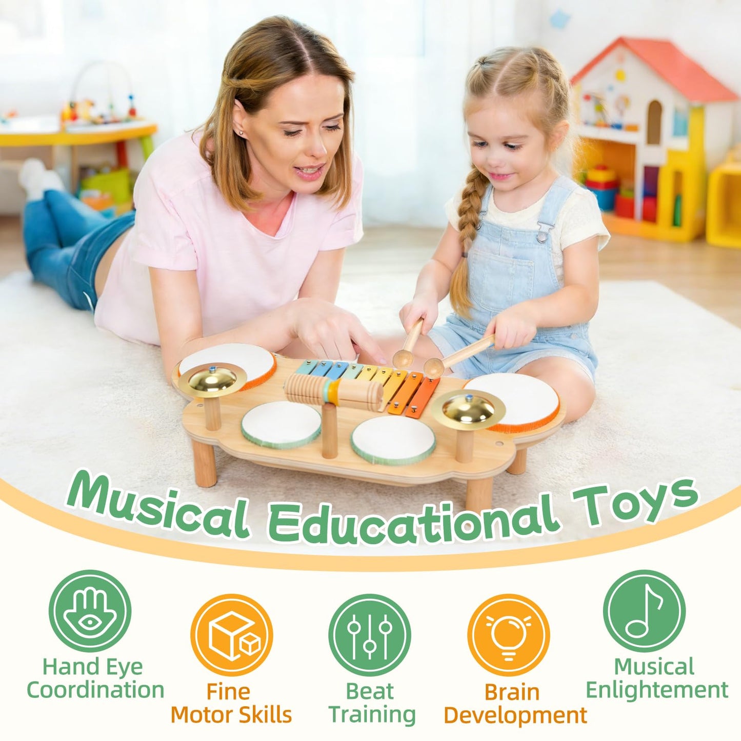 Toddler Drum Set - Montessori Toys for 2 Year Old, Wooden Baby Musical Instruments for Toddlers 2-5, Preschool Learning Musical Toys with Xylophone, Piano, Birthday Gifts for 18 Months Boys Girls