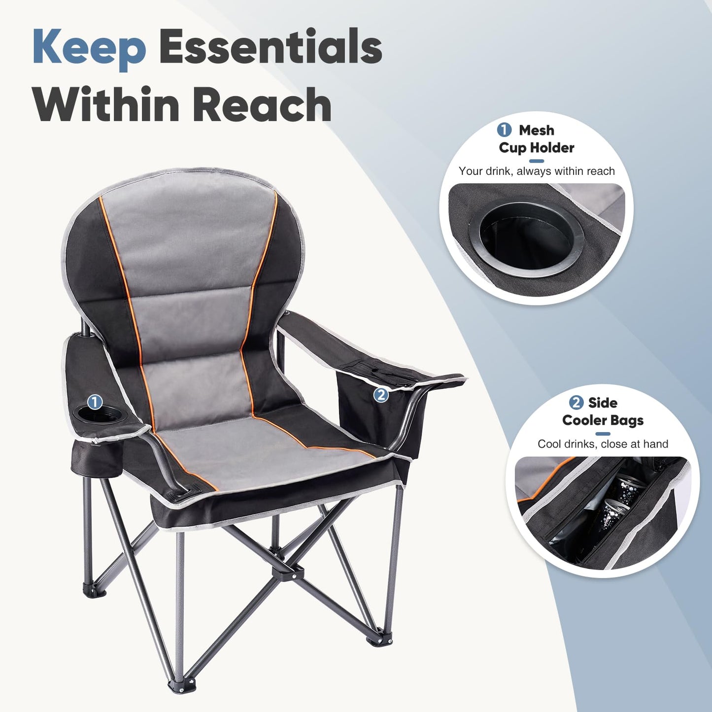 DUMOS Oversized Camping Chair for Adults, Heavy Duty 500 LBS Support Folding Outdoor Chair with Side Cooler Bag, Cup Holder, for Camp Beach Garden, Back Bag, Thicken 300D Oxford, Black