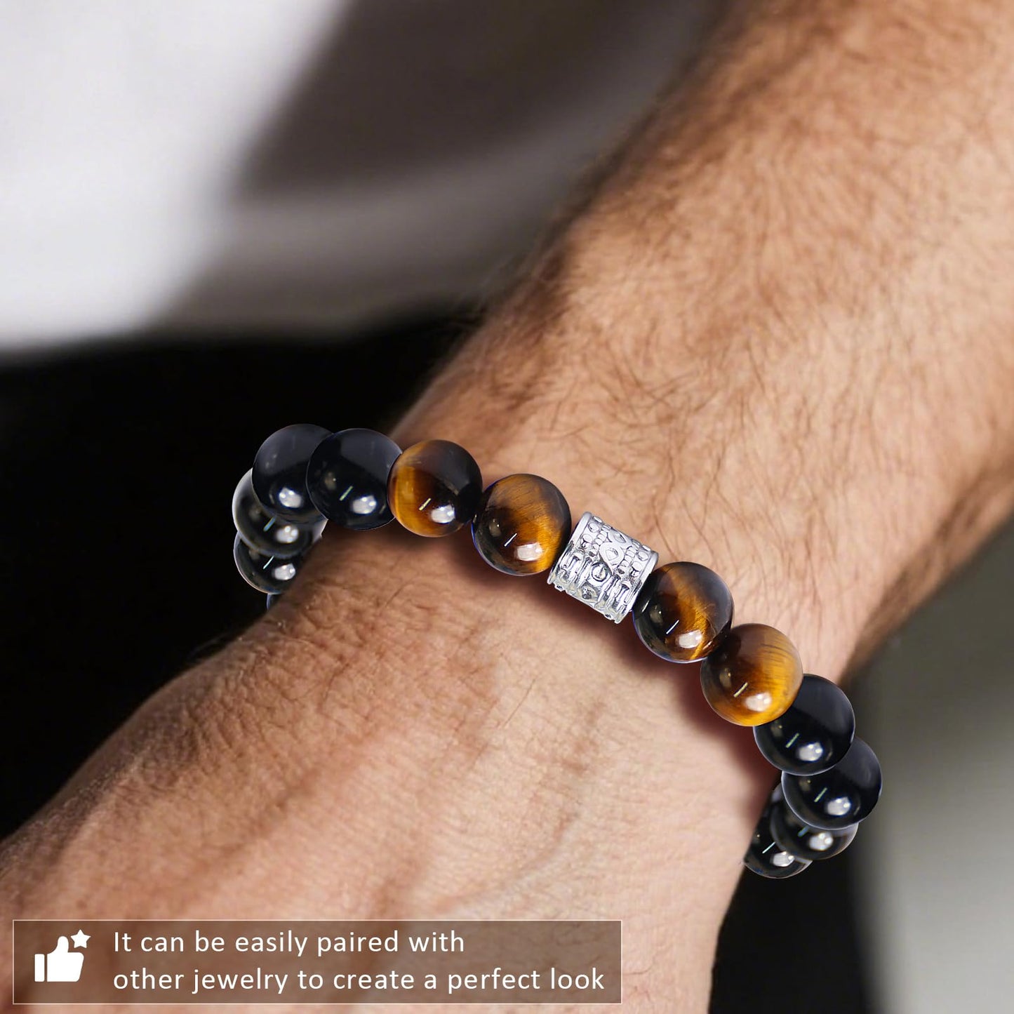 Tiger Eye Obsidian Beaded Bracelets For Men Gemstone Bracelets For Men &Women Fashion Natural Stone Men‘s Jewelry (yellow& black)