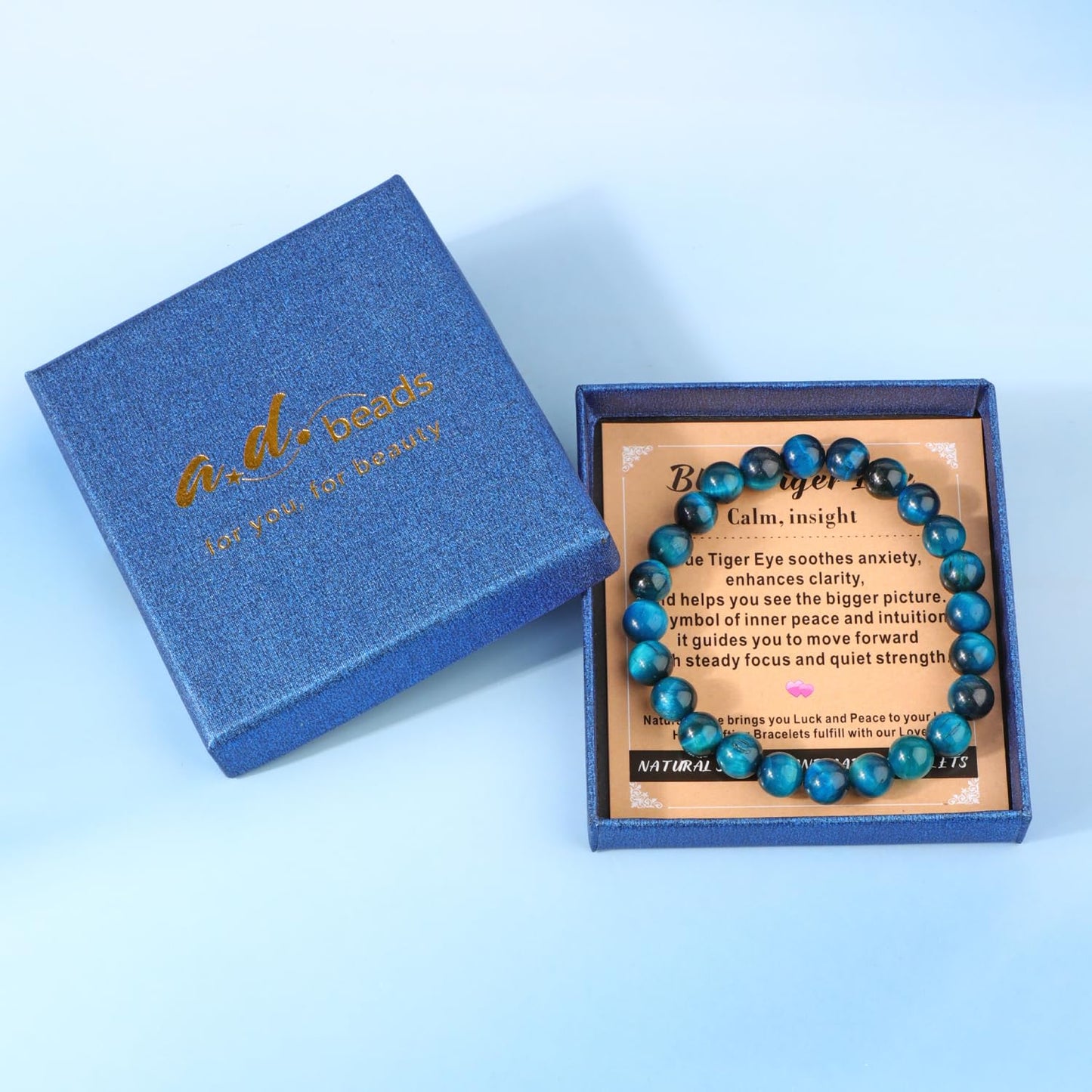 AD Beads 6mm Handmade Blue Tiger Eye Elastic Bracelet โ Natural Gemstone for Calm and insight โ Meditation, Yoga, Healing and Energy Gift for Men Women