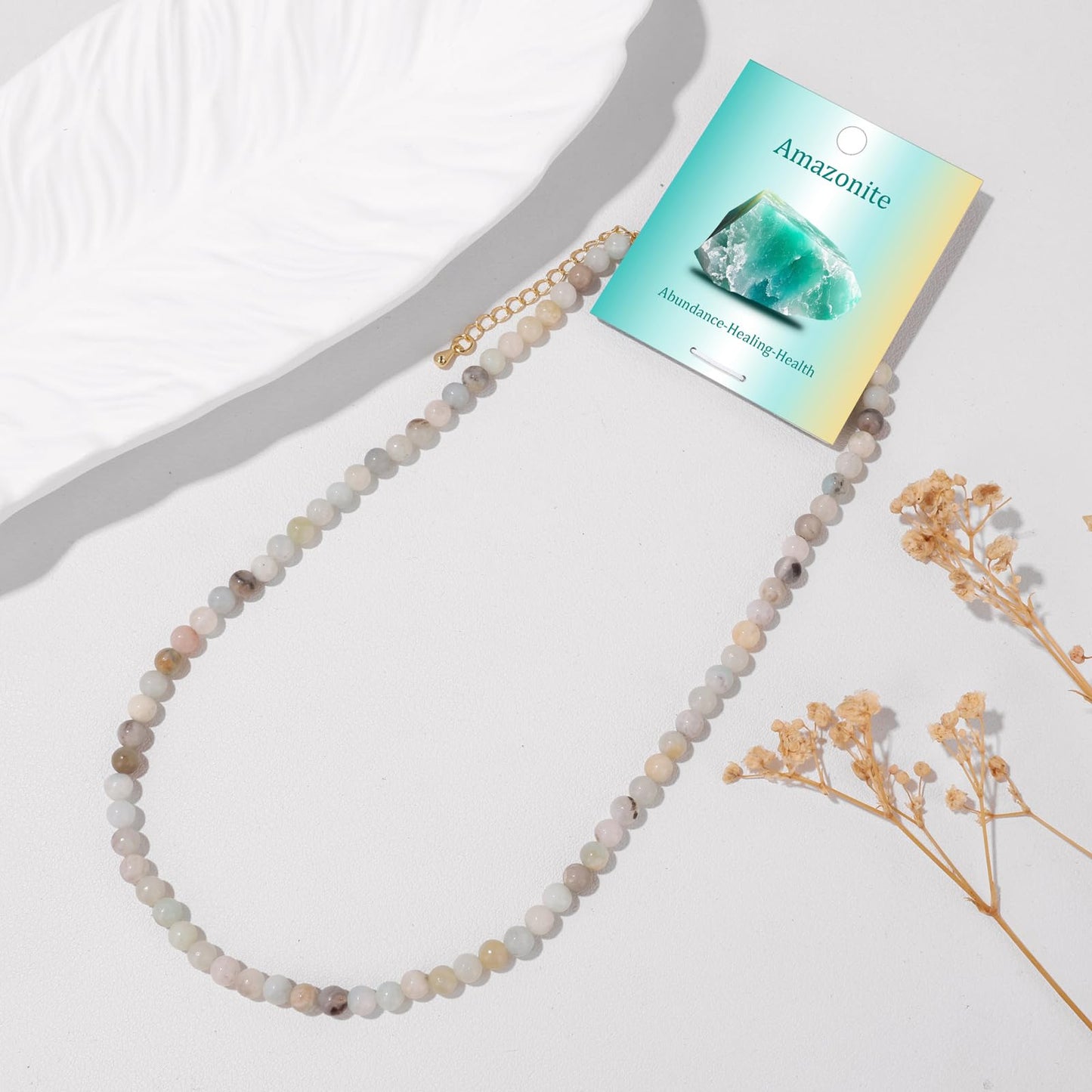 Risyfjew Crystal Choker Necklaces for Women,4mm Amazonite Natural Stone Choker Beaded Necklace Healing Crystal Necklace Gemstone Bead Necklaces for Women