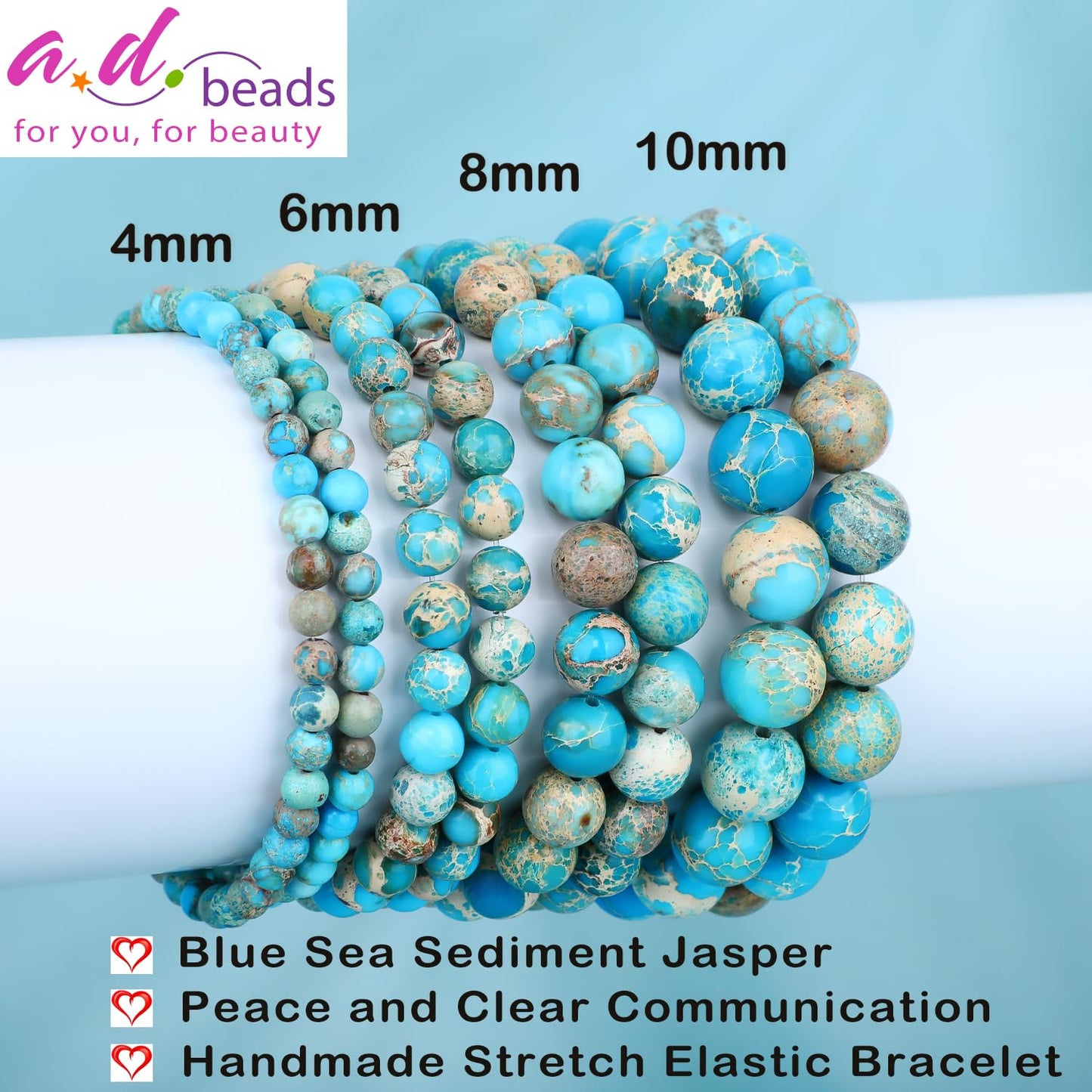 AD Beads 6mm Handmade Blue Sea Sediment Imperial Jasper Elastic Bracelet โ Natural Gemstone for Joy & Positivity โ Meditation, Yoga, Healing and Energy Gift for Men Women