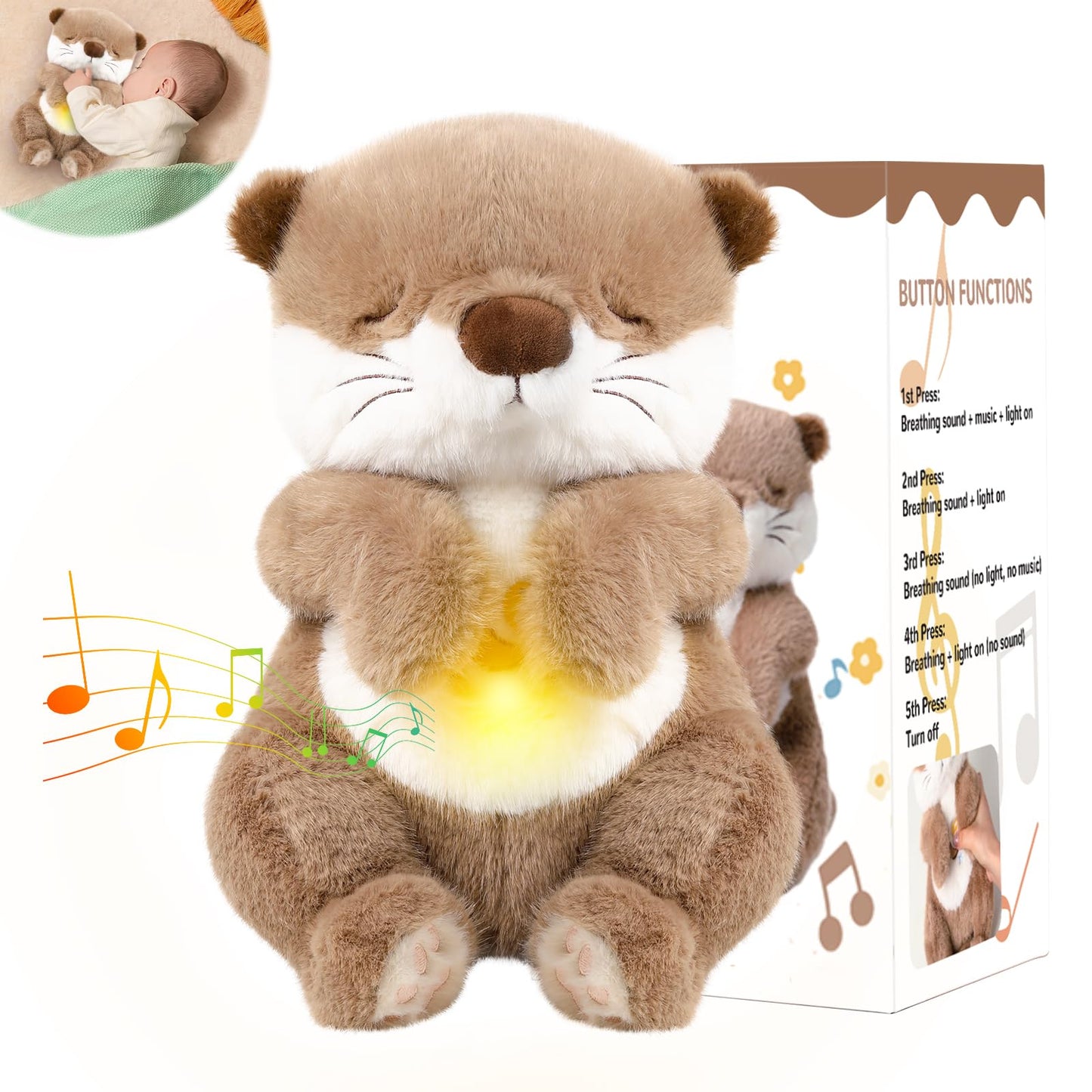 Emoin Otter Breathing Stuffed Animal, Volume Control Breathing Otter Plush Sleep Buddy with Realistic Breathing Motion and Lights Music Baby Plush Toy for Adults and Kids