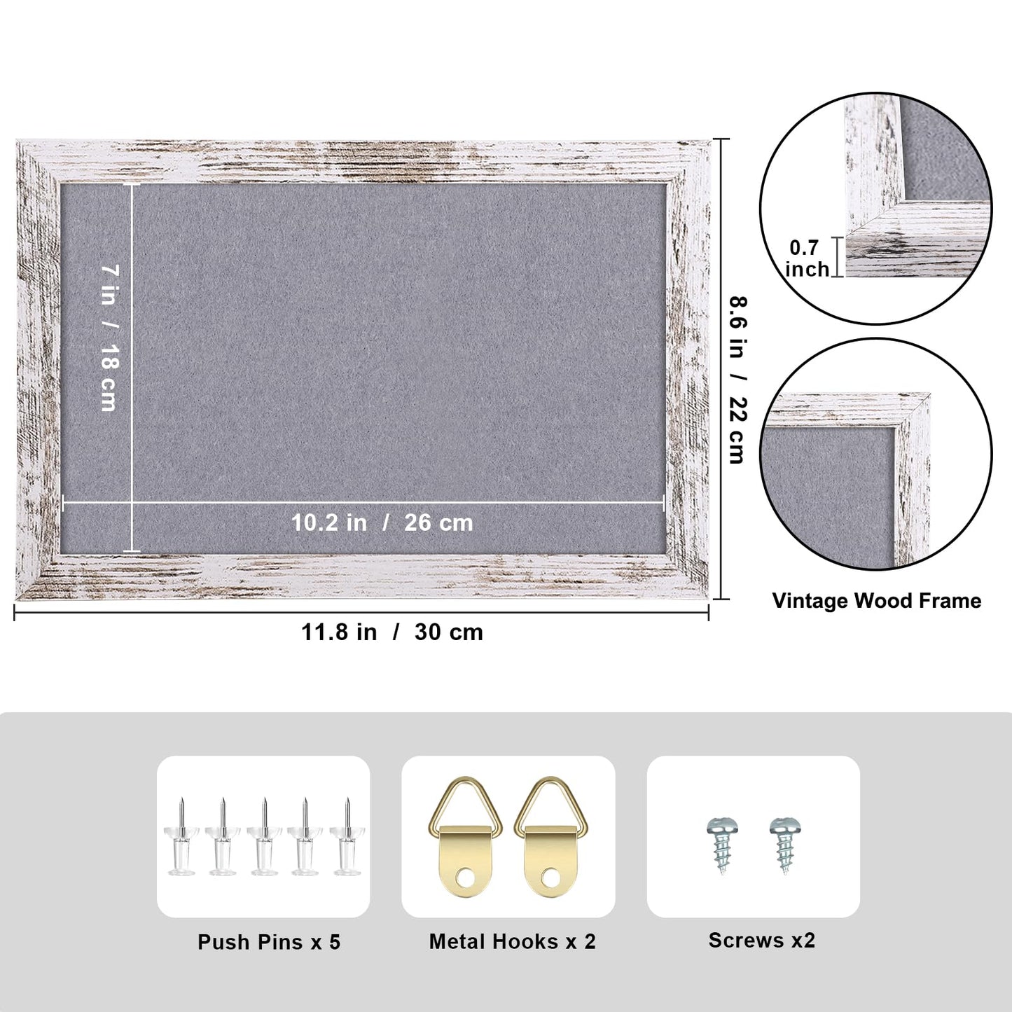 Aitakatta Gray Felt Bulletin Board, Small Decorative Hanging Bulletin Boards for Walls with White Rustic Wood Frame, 11.8x8.6 inches Pin Board Vision Board for Office Home School with Pins(2230,WH,1p)