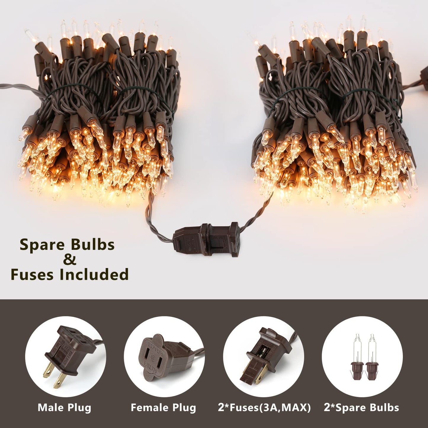 ODEETRONIC Clear Christmas Lights String, 21.63ft 100 Count Incandescent Brown Wire String Lights, UL Certified Outdoor Christmas Light, Connectable Indoor Tree Lights for Wedding Party, Warm White