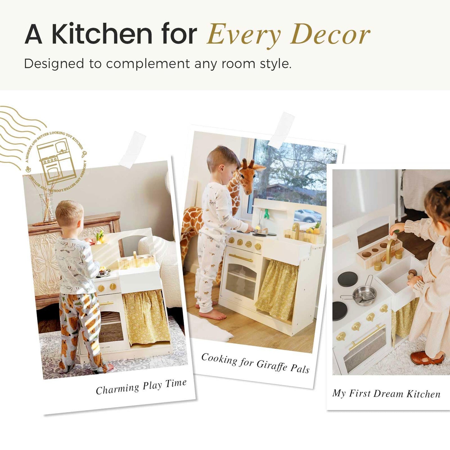 Tiny Land Toddler Kitchen Playset, Wooden Play Kitchen Set Toy with Cutting Food & Cookware, Oven, Clicking Knobs, Stove and Sink, Small Toy Kitchen Gift for 1-3 Year Old Kids, Girls & Boys - Cream