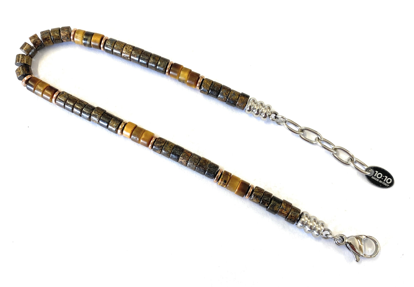 10:10 Beaded Bracelet for Men and Women โ Natural Gemstone Bracelet and Stainless Steel โ Adjustable, Durable and Elegant โ Made in Italy (Bronzite)
