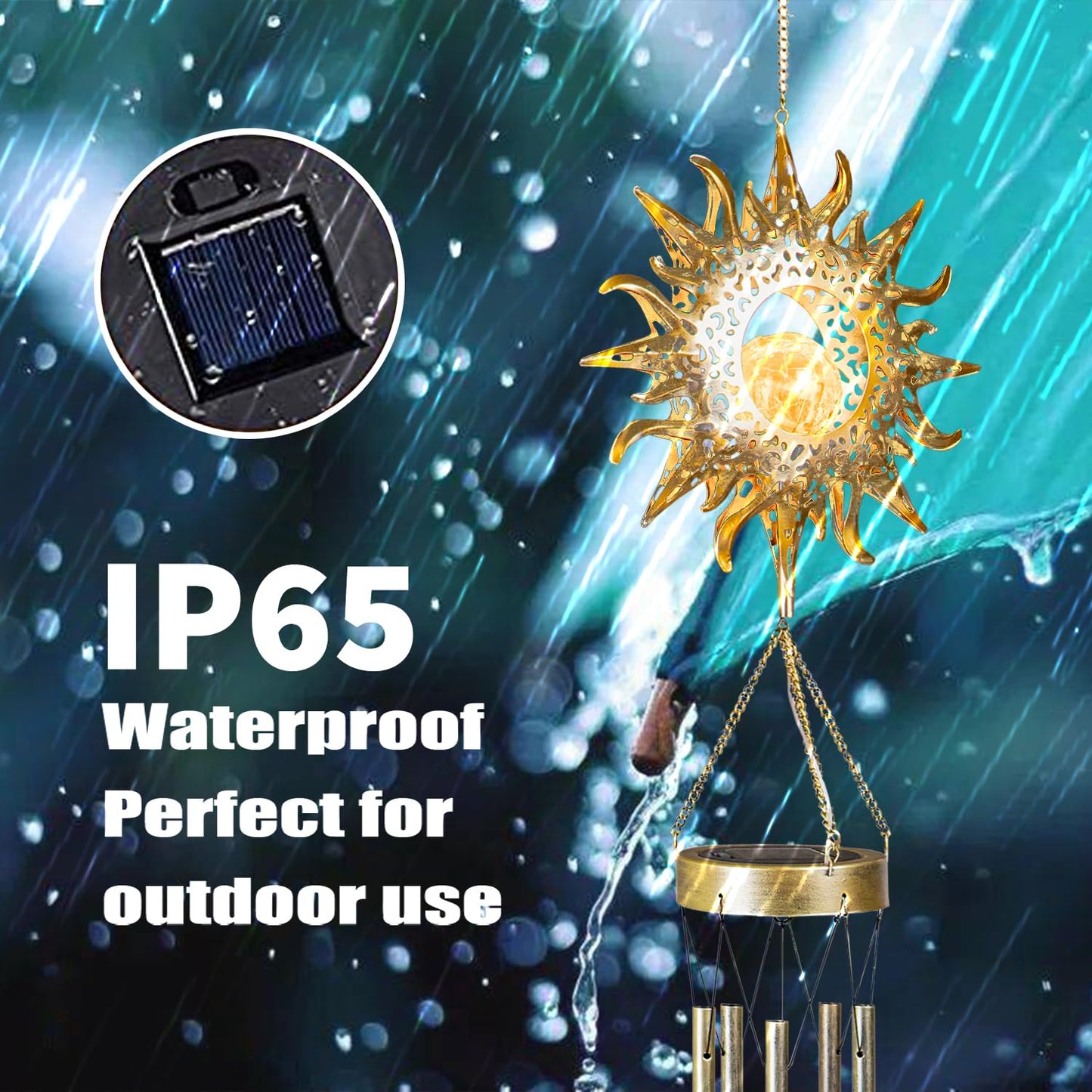 Yonxuleo Sun Solar Wind Chimes for Outside Lights Prefert Gifts for Mom Wife Unique Crackle Glass LED Warm Light Outdoor Hanging Decor Windchimes for Garden Yard Patio Christmas Birthday Mothers Day